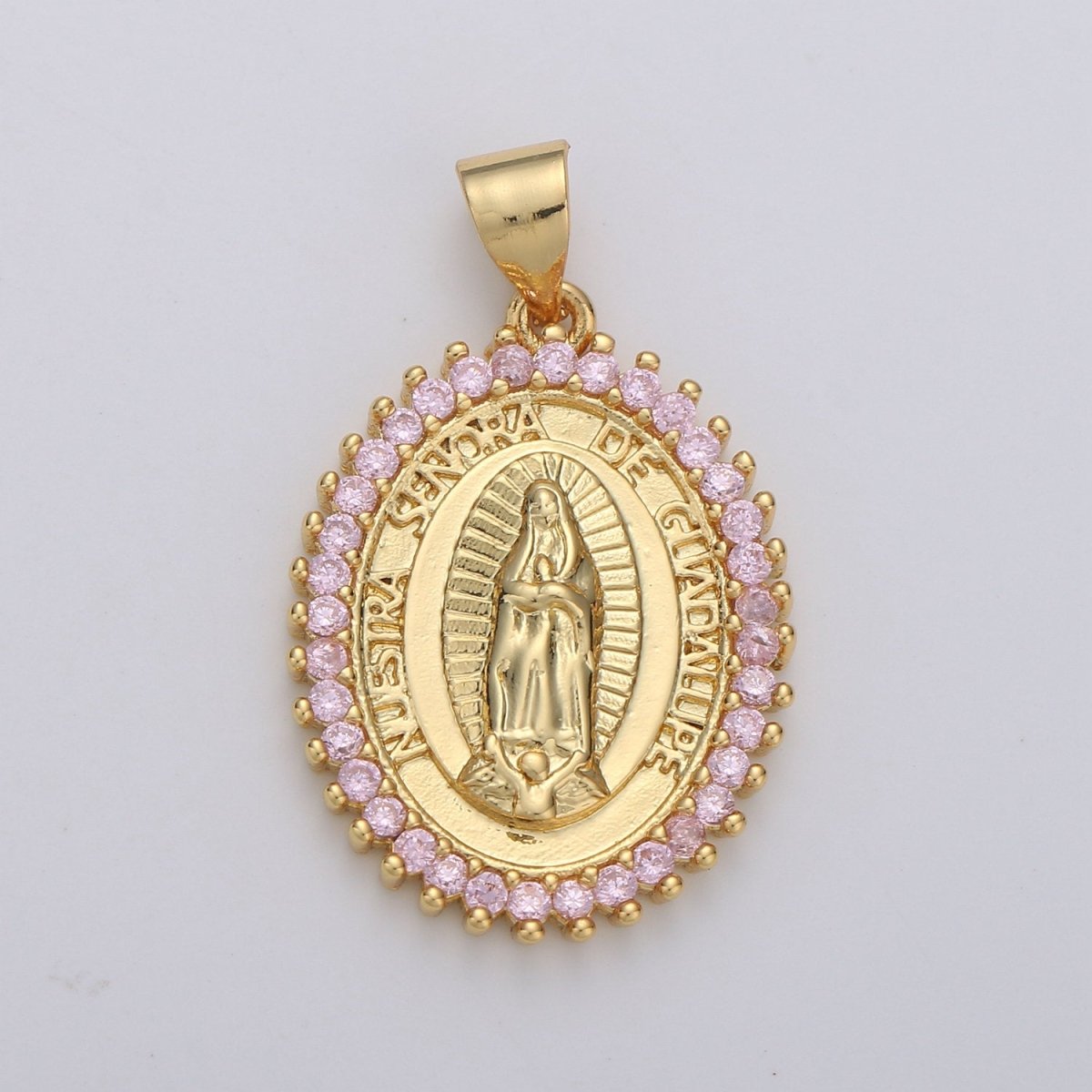 Overstock Clearance 24k Gold Filled Virgin Mary Pendant Necklace Pink Micro Pave Virgen de Guadalupe Medallion Pendant for Necklace Religious Jewelry Supply I-649 I-650