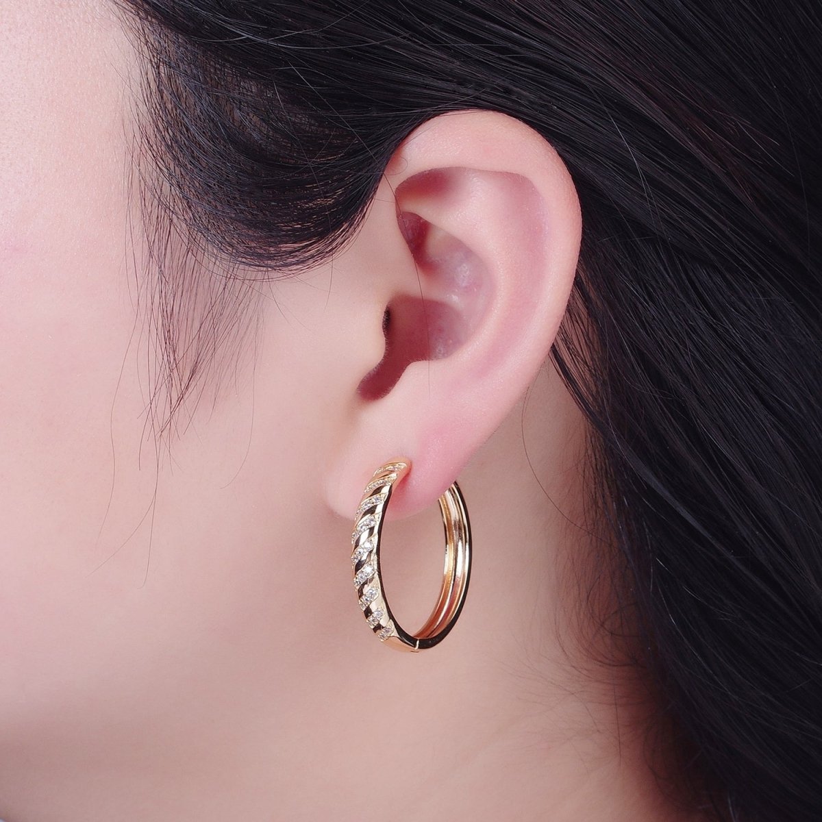 Pave Stripes Gold Hoop Earring T-434