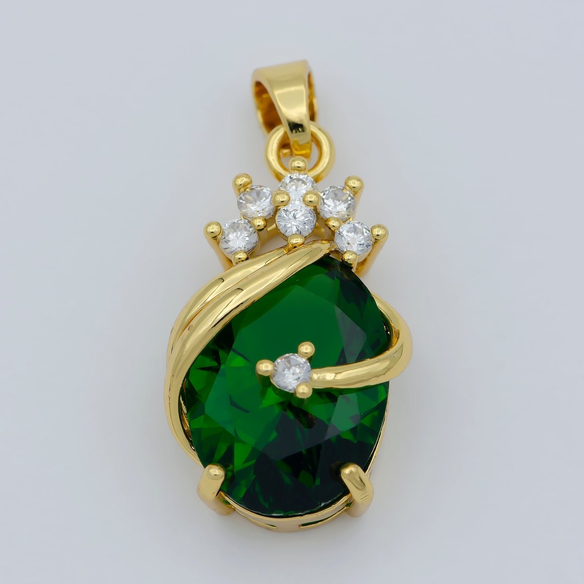 Pear Shape Emerald Pendant 24K Yellow Gold Filled Charm Necklace Green Emerald Necklace For Ladies, Layering May Birthstone Jewelry  I-054