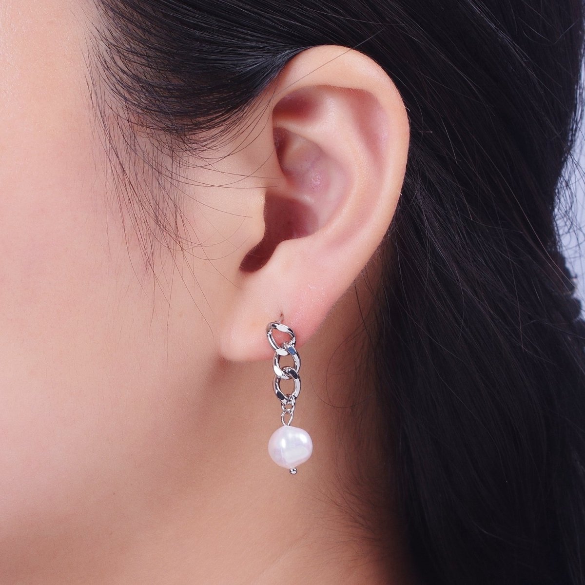Pearl Dangle Earrings / Chain Earrings Gold Silver Pearl Earrings Stud Earring Curb Chain AE-1082 AE-1083