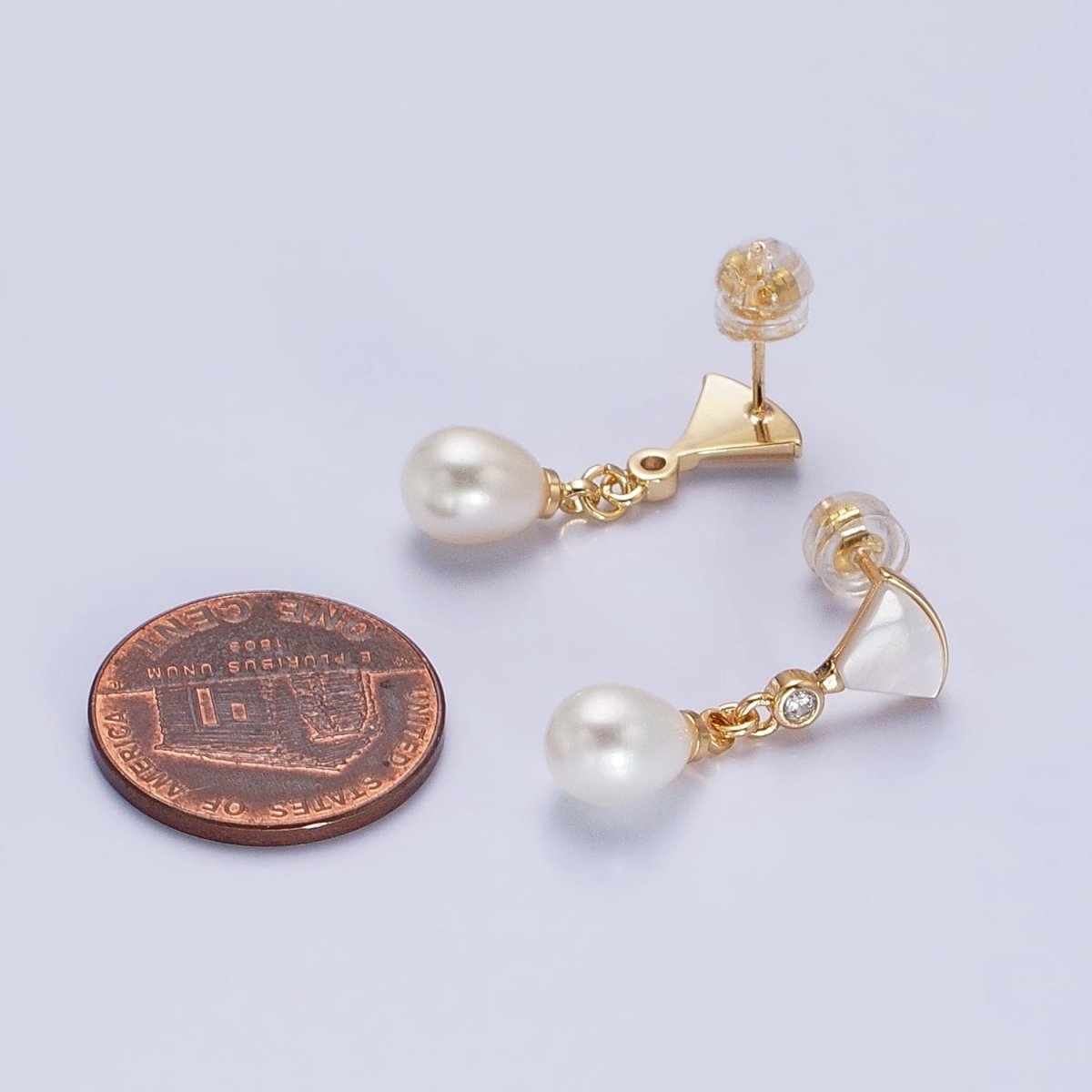 Pearl Drop Earrings Dainty Fan Shell Pearl Stud Earring with Dangling Pearl Charm AB724