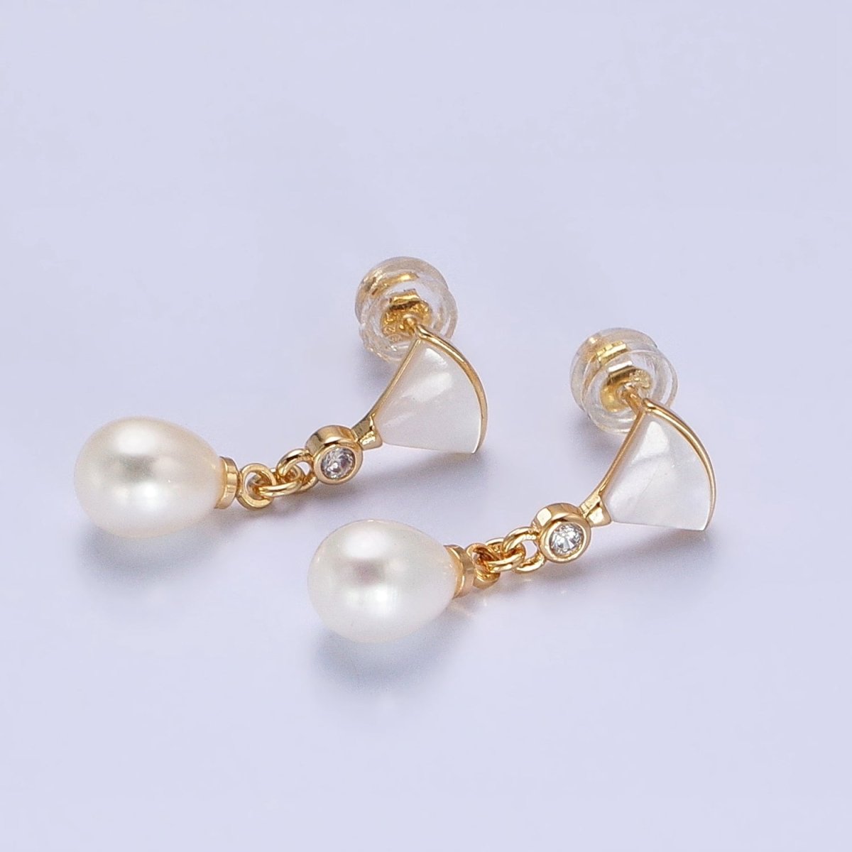 Pearl Drop Earrings Dainty Fan Shell Pearl Stud Earring with Dangling Pearl Charm AB724