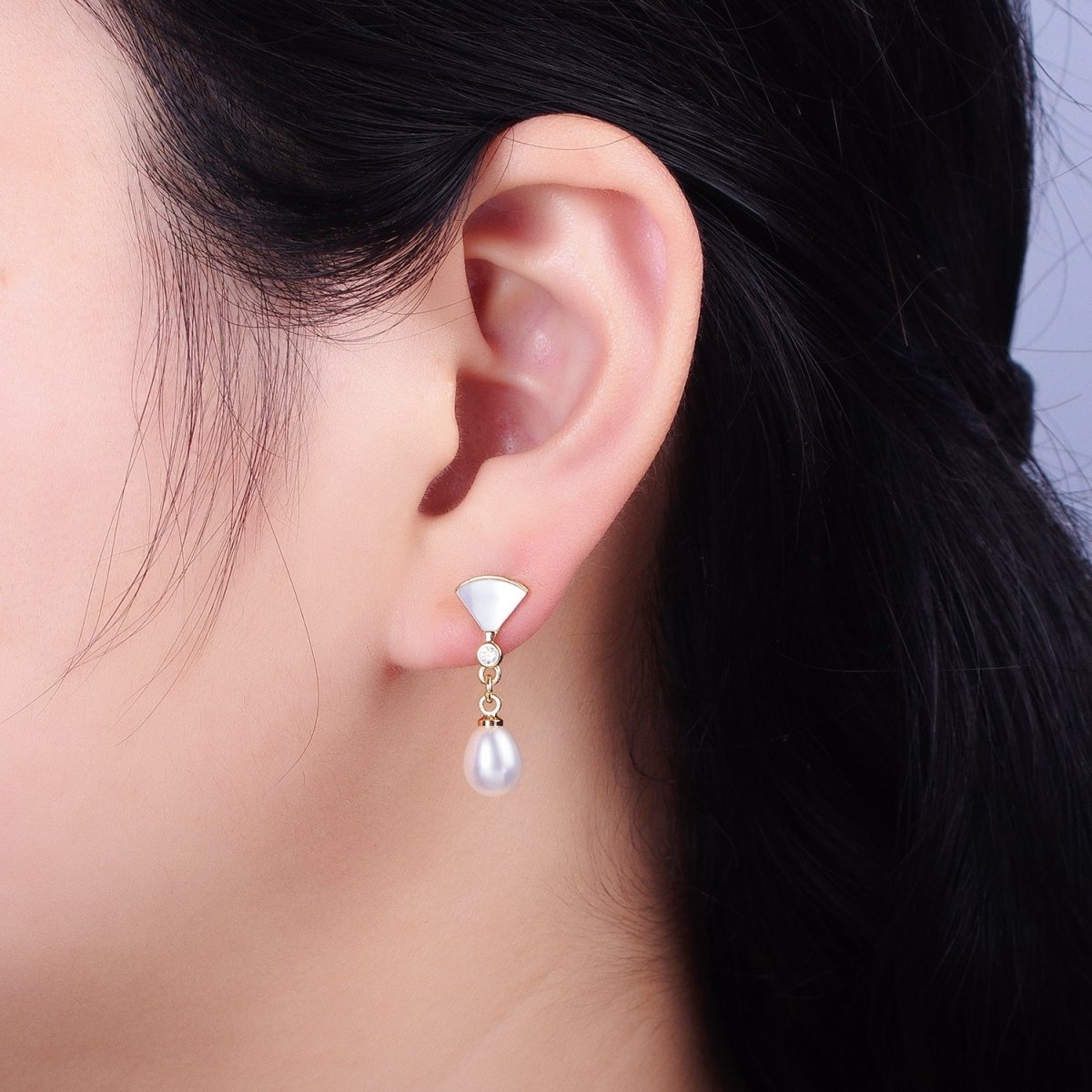 Pearl Drop Earrings Dainty Fan Shell Pearl Stud Earring with Dangling Pearl Charm AB724