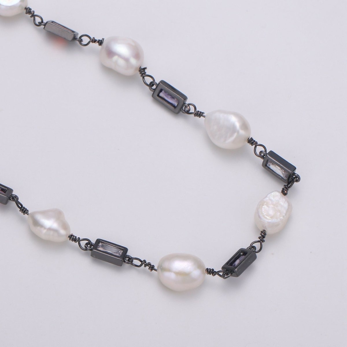 Pearl Micro Pave Charmed 24K Gold-Filled Chain by Yard, Multicolor Square Cubic Chain, Baroque Pearl CZ Chain | ROLL-319, ROLL-320, ROLL-321 Clearance Pricing