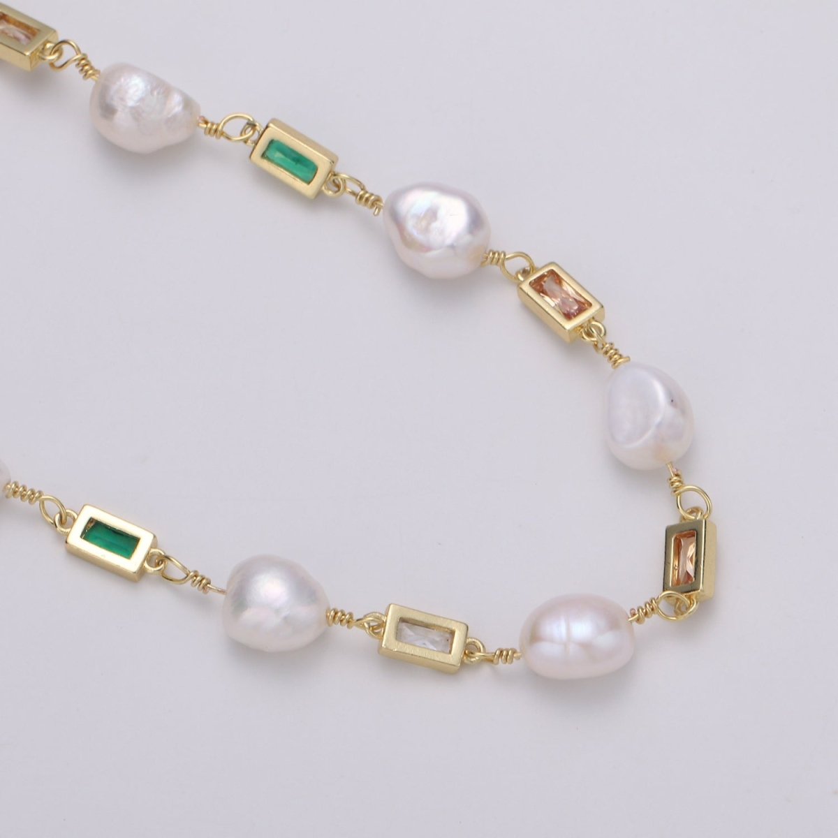 Pearl Micro Pave Charmed 24K Gold-Filled Chain by Yard, Multicolor Square Cubic Chain, Baroque Pearl CZ Chain | ROLL-319, ROLL-320, ROLL-321 Clearance Pricing