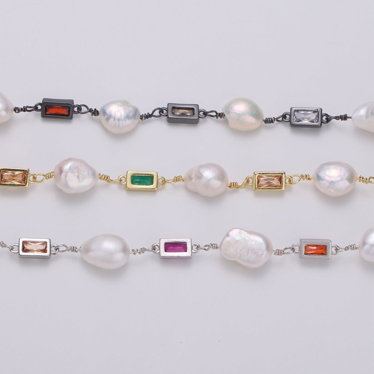 Pearl Micro Pave Charmed 24K Gold-Filled Chain by Yard, Multicolor Square Cubic Chain, Baroque Pearl CZ Chain | ROLL-319, ROLL-320, ROLL-321 Clearance Pricing
