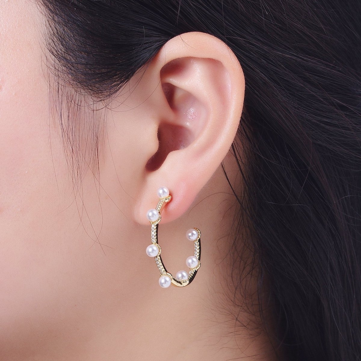 Pearl Micro Paved CZ Lined C-Shaped 32mm Hoop Earrings in Gold & Silver | AB063