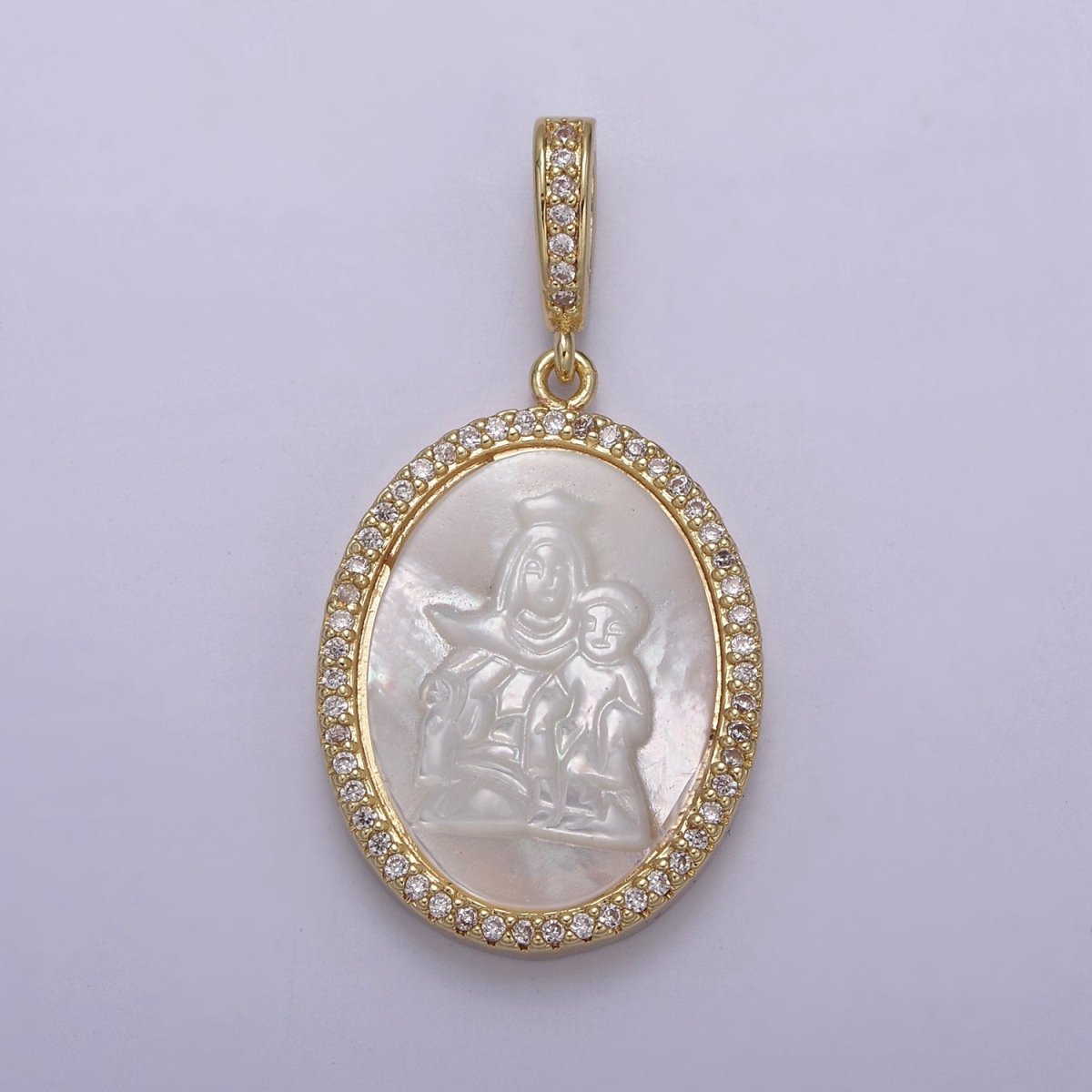 Pearl Virgin Mary Medallion Charm Gold Virgin Mary with baby Jesus pendant. Religious jewelry N-562