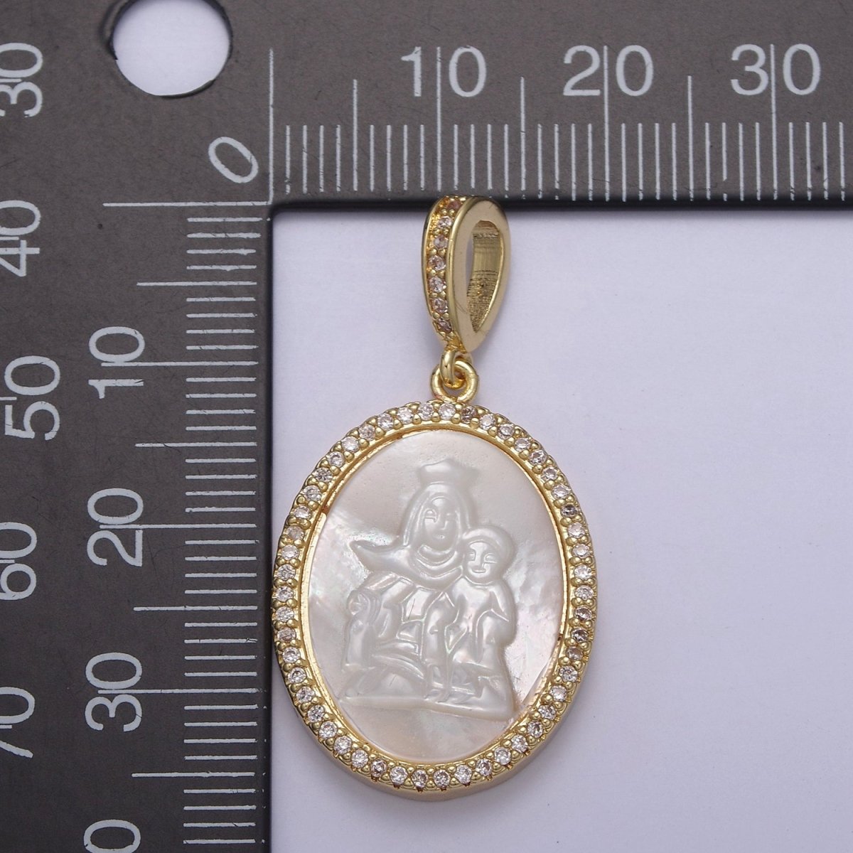Pearl Virgin Mary Medallion Charm Gold Virgin Mary with baby Jesus pendant. Religious jewelry N-562