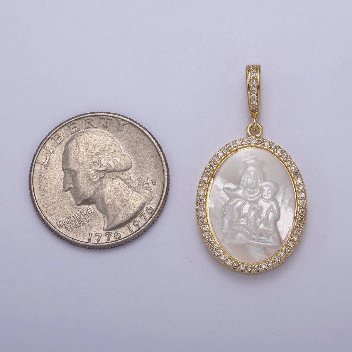 Pearl Virgin Mary Medallion Charm Gold Virgin Mary with baby Jesus pendant. Religious jewelry N-562