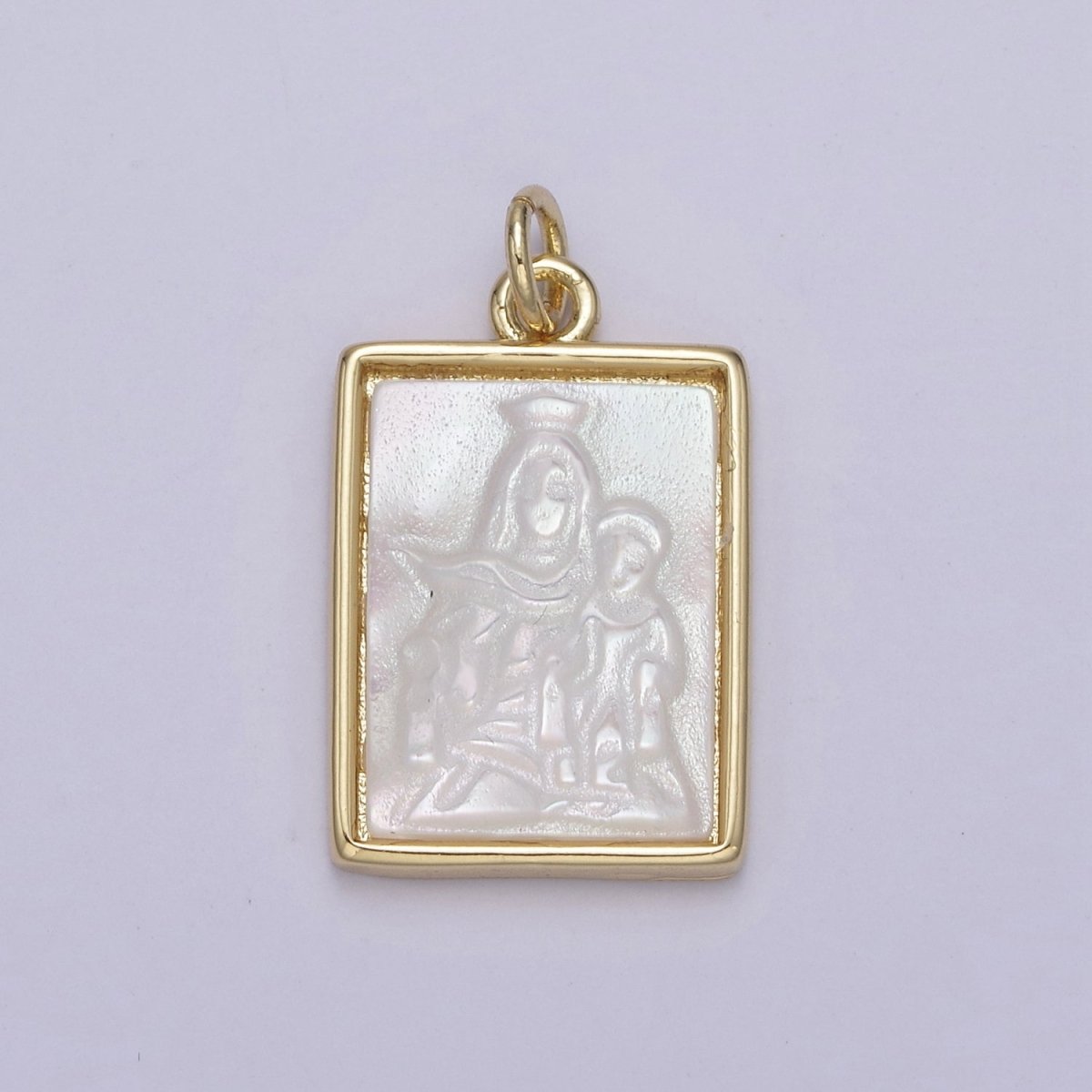 Pearl Virgin Mary with baby Jesus On Frame Charms, Dainty Gold Virgin Mary Pendant, Mother of Pearl Necklace Charms N-864