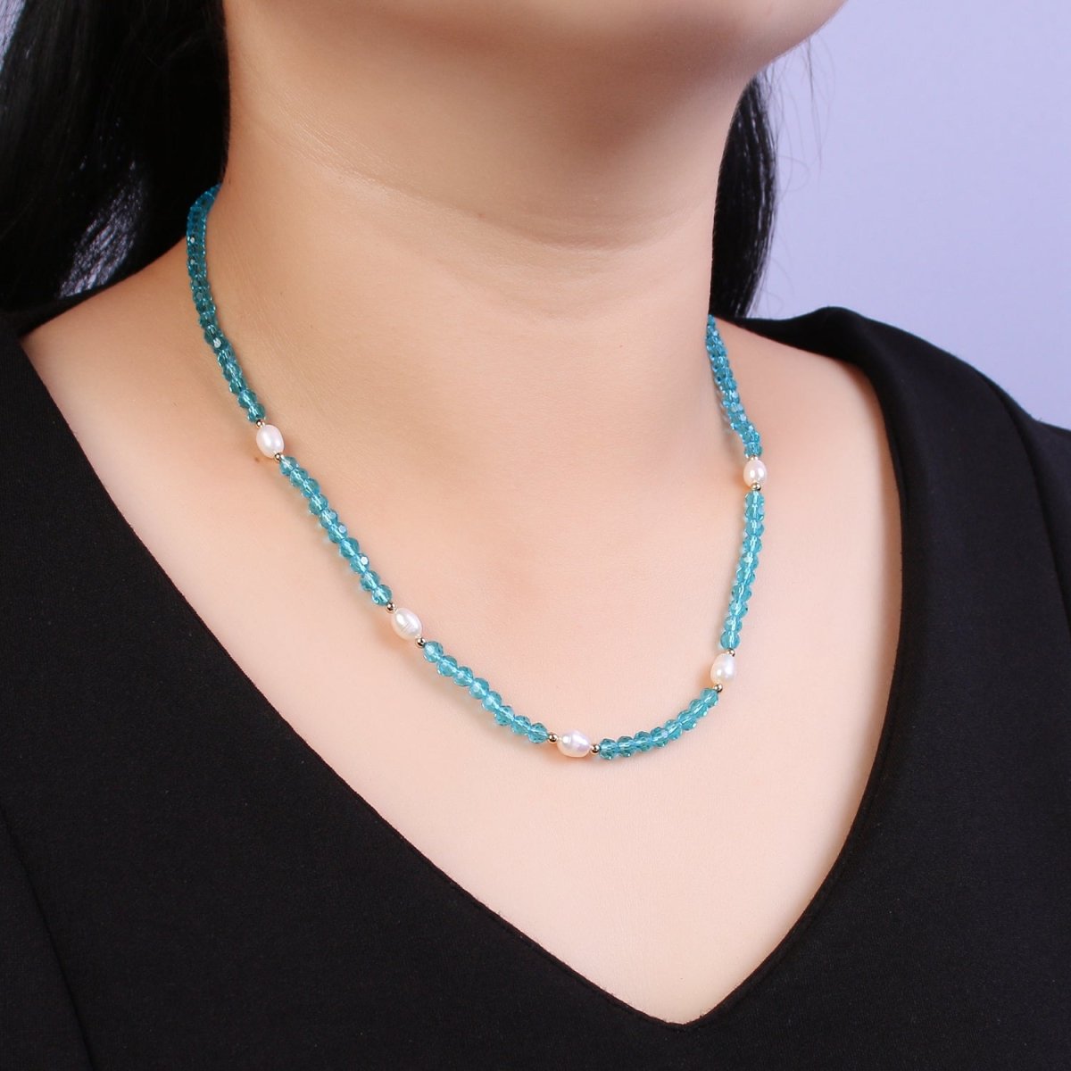 Pearl with Aqua Blue Glass Beaded Necklace, Light Blue Faceted Rondell Beads Necklace | WA-591 Clearance Pricing