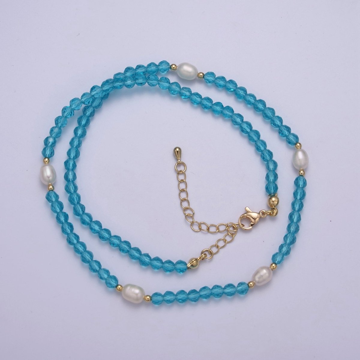 Pearl with Aqua Blue Glass Beaded Necklace, Light Blue Faceted Rondell Beads Necklace | WA-591 Clearance Pricing