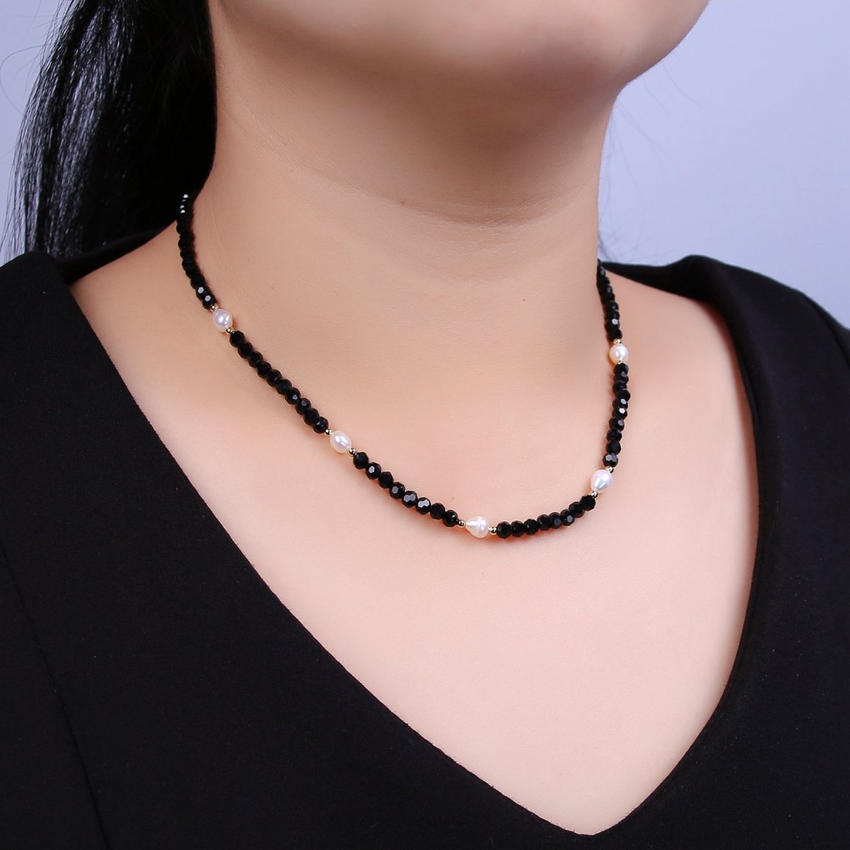 Pearl with Black Glass Beaded Necklace, Black Faceted Rondell Beads Necklace | WA-604 Clearance Pricing