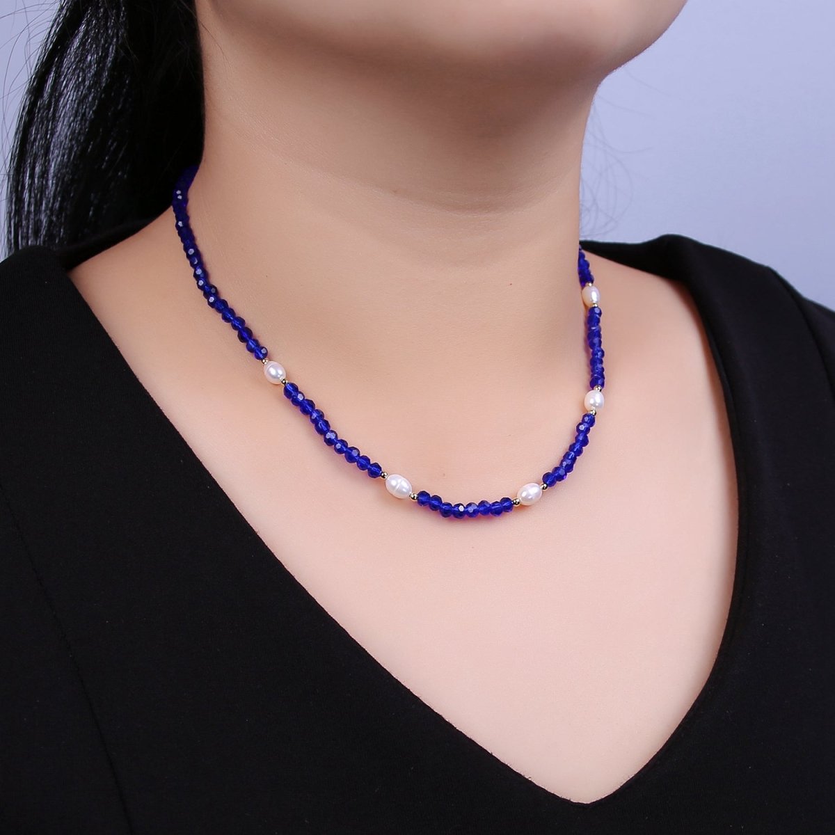 Pearl with Blue Glass Beaded Necklace, Dark Blue Faceted Rondell Beads Necklace | WA-592 Clearance Pricing