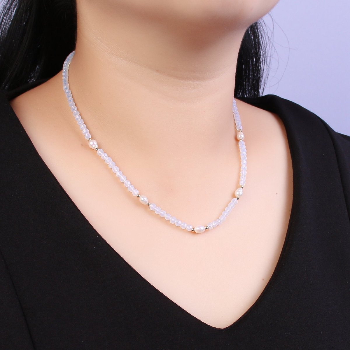 Pearl with Clear Glass Beaded Necklace, Clear Faceted Rondell Beads Necklace | WA-594 Clearance Pricing