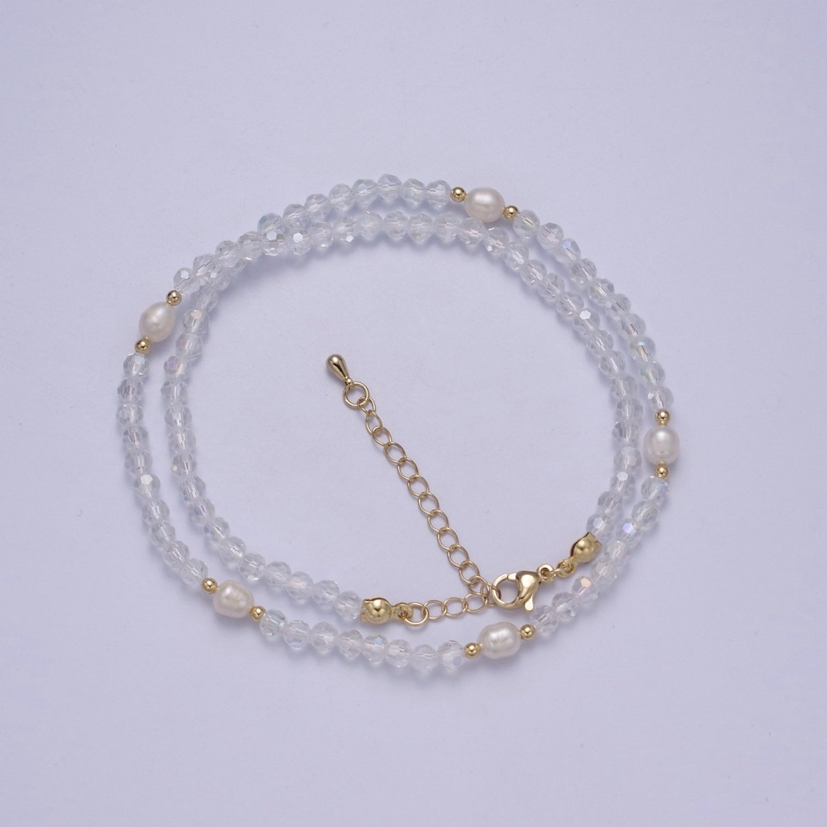 Pearl with Clear Glass Beaded Necklace, Clear Faceted Rondell Beads Necklace | WA-610 Clearance Pricing
