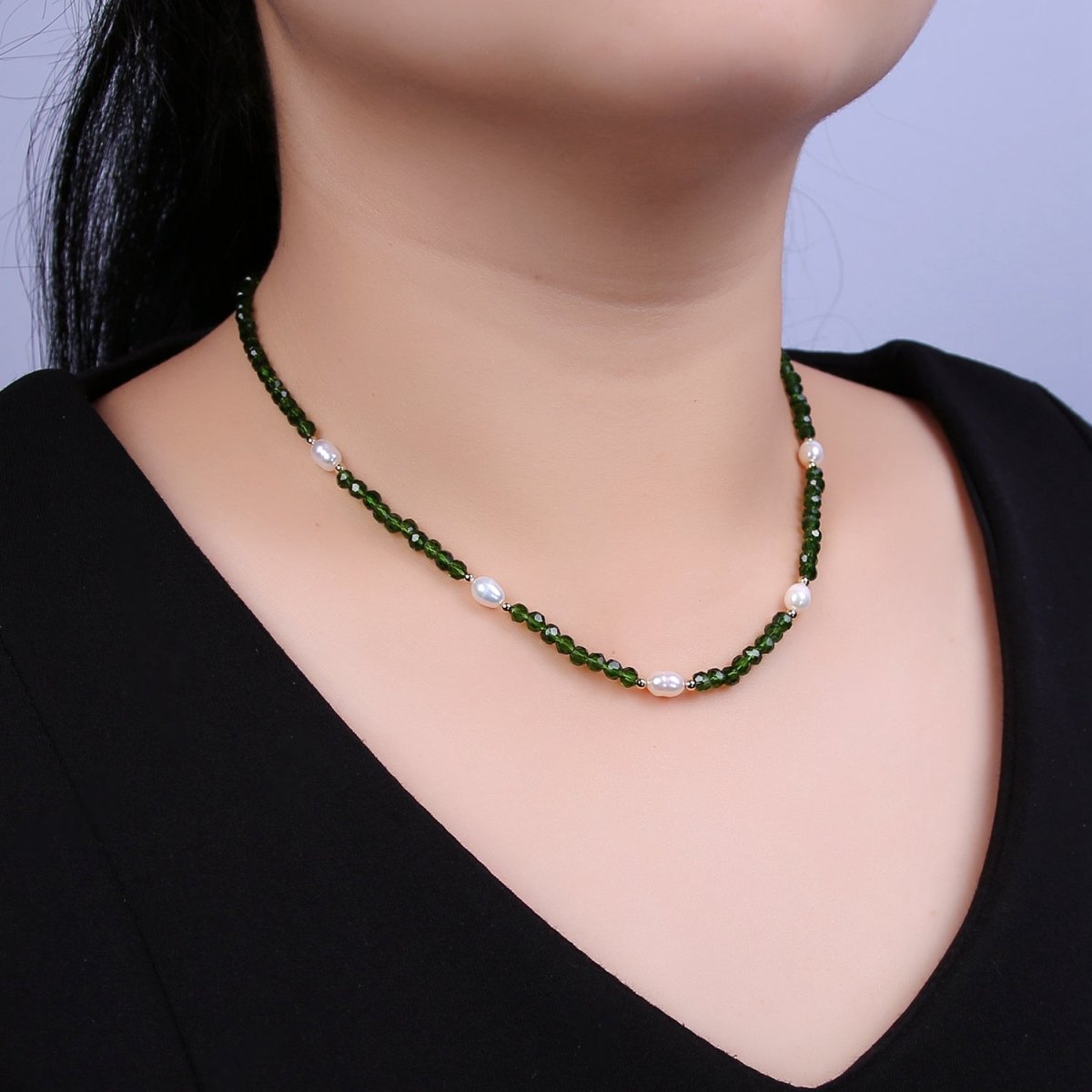 Pearl with Green Glass Beaded Necklace, Green Faceted Rondell Beads Necklace | WA-606 Clearance Pricing