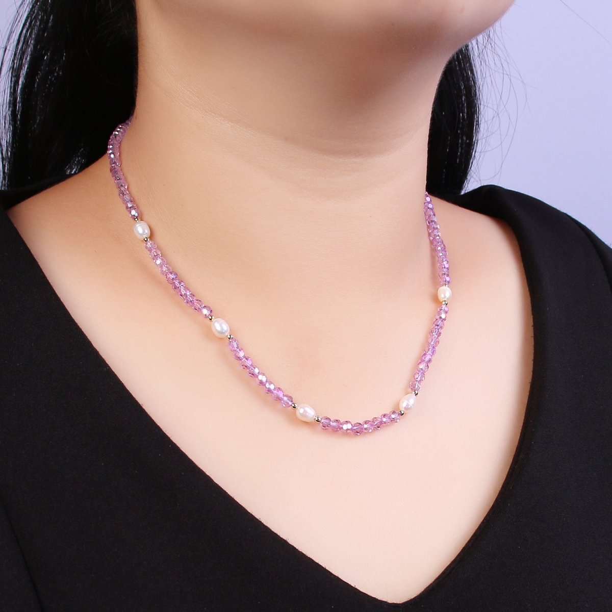 Pearl with Lavender Glass Beaded Necklace, Purple Faceted Rondell Beads Necklace for Layer | WA-585 Clearance Pricing