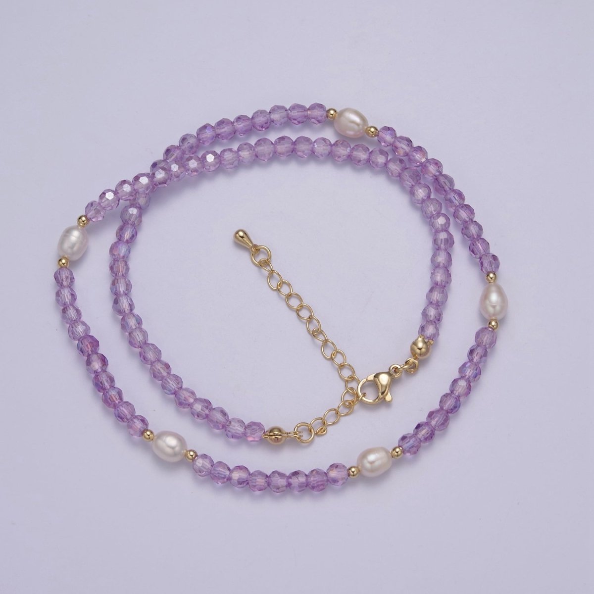Pearl with Lavender Glass Beaded Necklace, Purple Faceted Rondell Beads Necklace for Layer | WA-585 Clearance Pricing