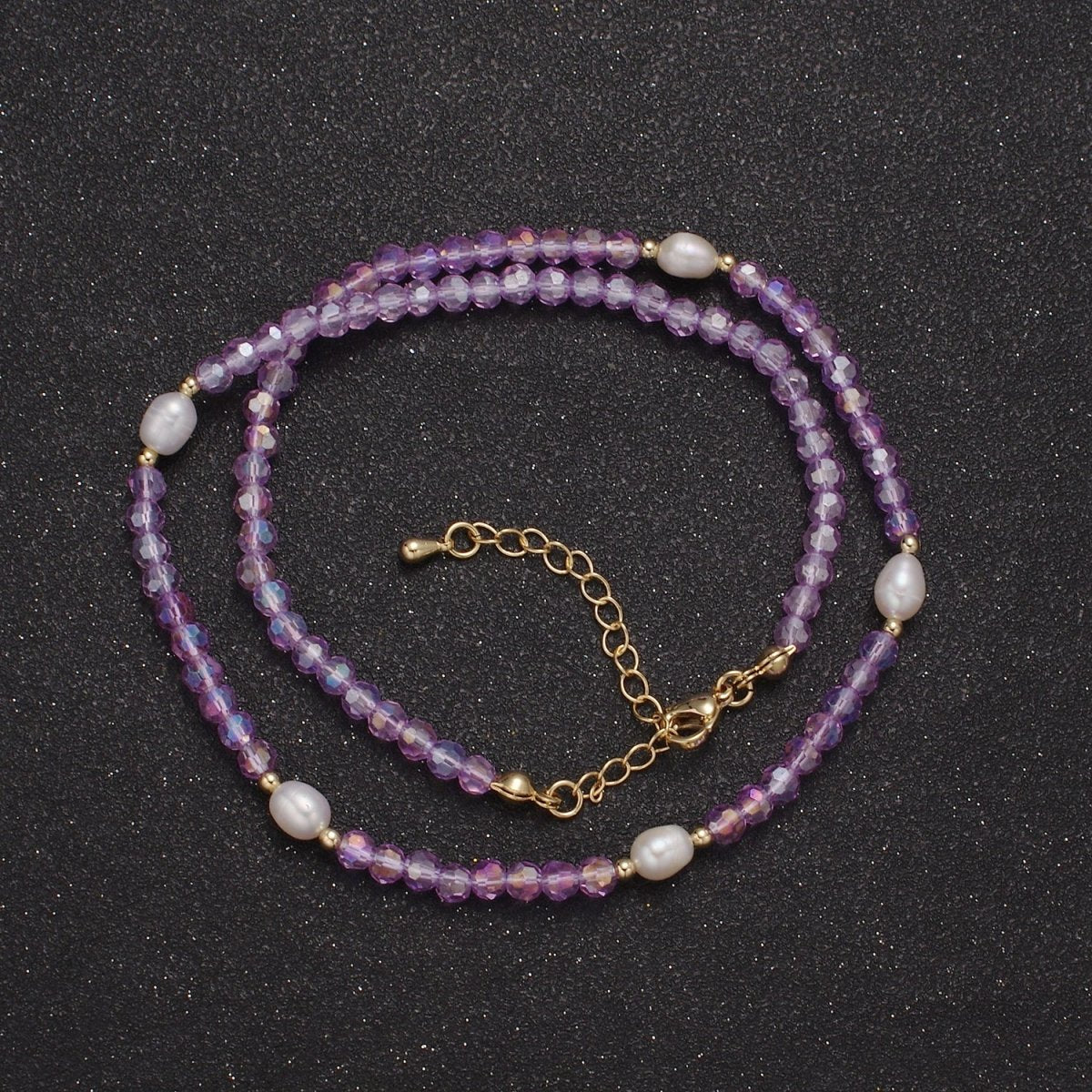 Pearl with Lavender Glass Beaded Necklace, Purple Faceted Rondell Beads Necklace for Layer | WA-585 Clearance Pricing