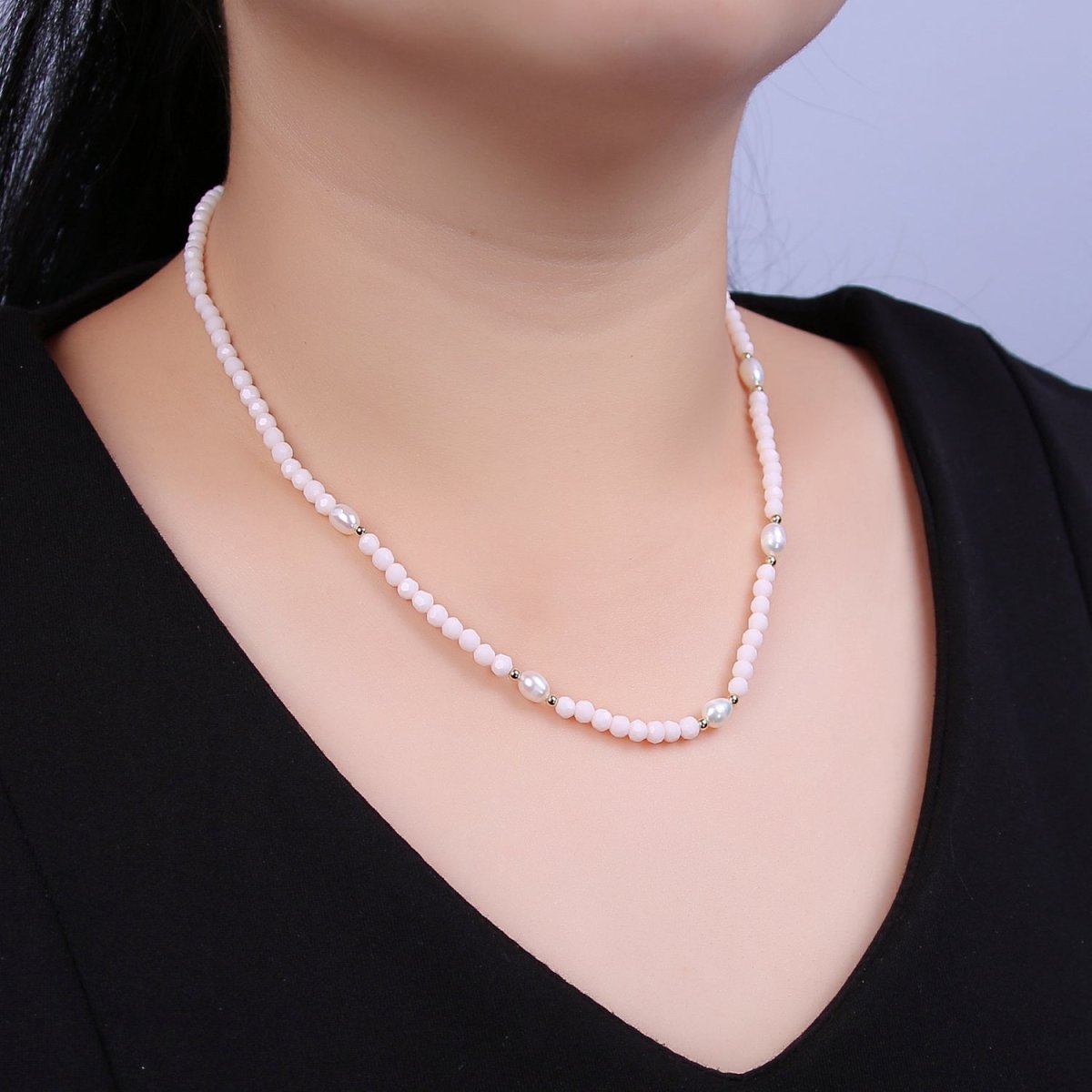 Pearl with Off White Glass Beaded Necklace, White Faceted Rondell Beads Necklace | WA-608 Clearance Pricing