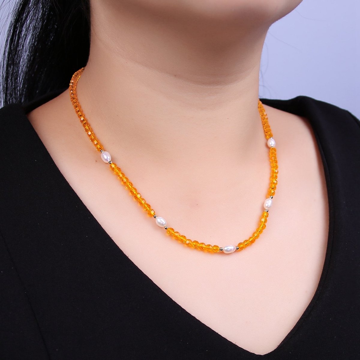 Pearl with Orange Glass Beaded Necklace, Orange Faceted Rondell Beads Necklace | WA-605 Clearance Pricing