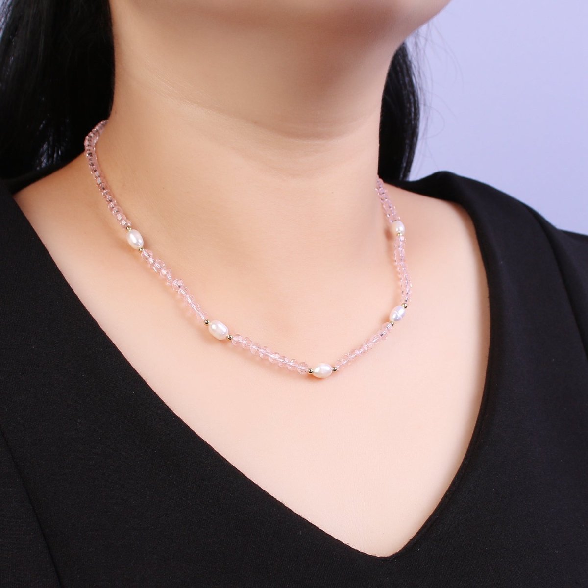 Pearl with Pink Glass Beaded Necklace, Rose Quartz Faceted Rondelle Beads Necklace | WA-586 Clearance Pricing