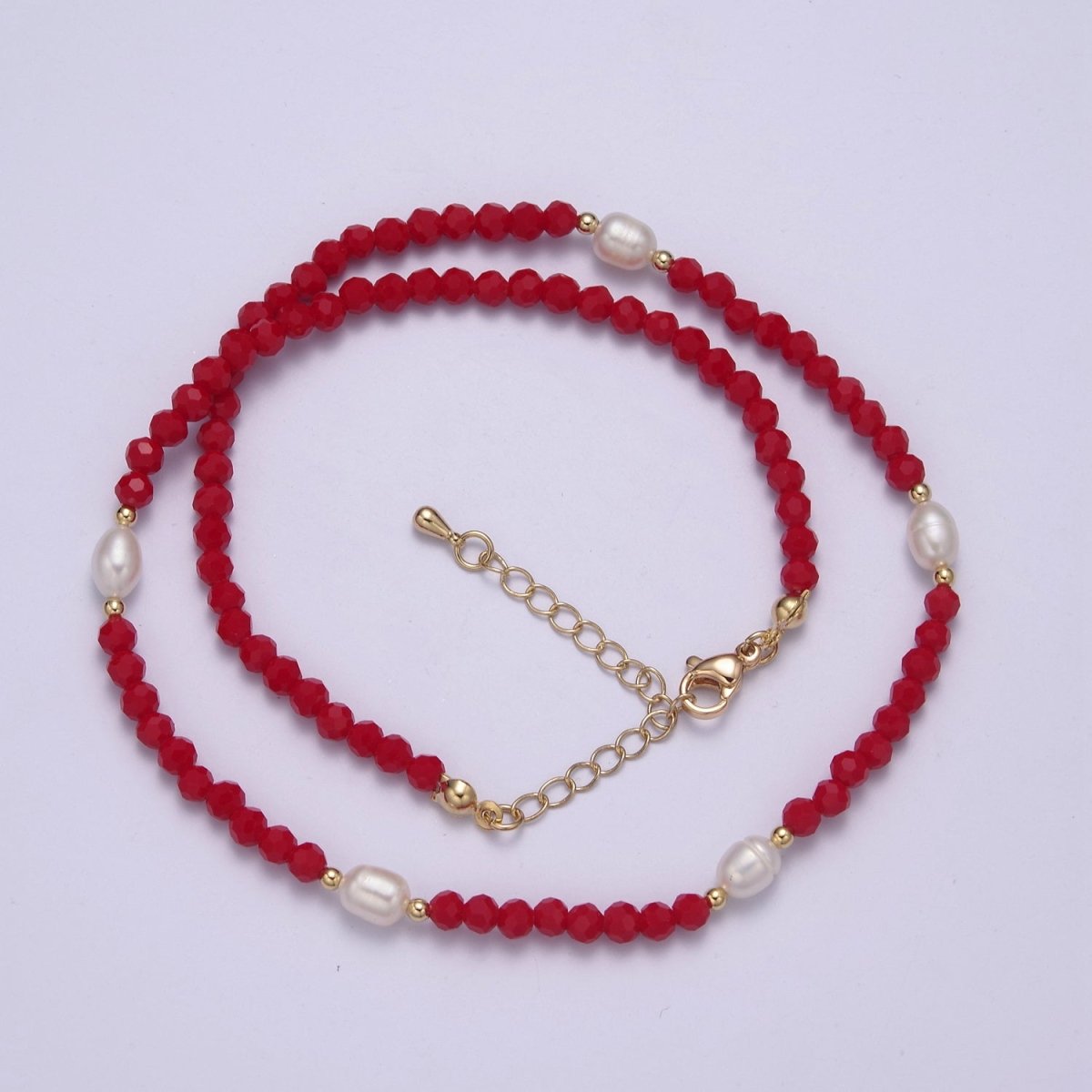 Pearl with Red Glass Beaded Necklace, Red Faceted Rondell Beads Necklace | WA-590 Clearance Pricing