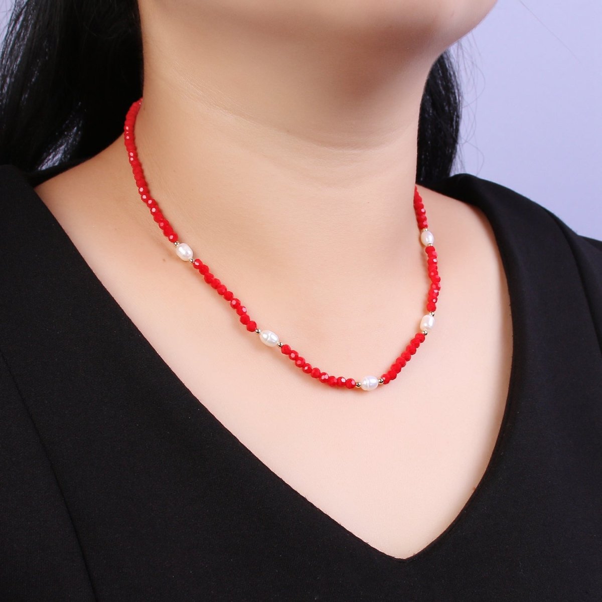 Pearl with Red Glass Beaded Necklace, Red Faceted Rondell Beads Necklace | WA-590 Clearance Pricing