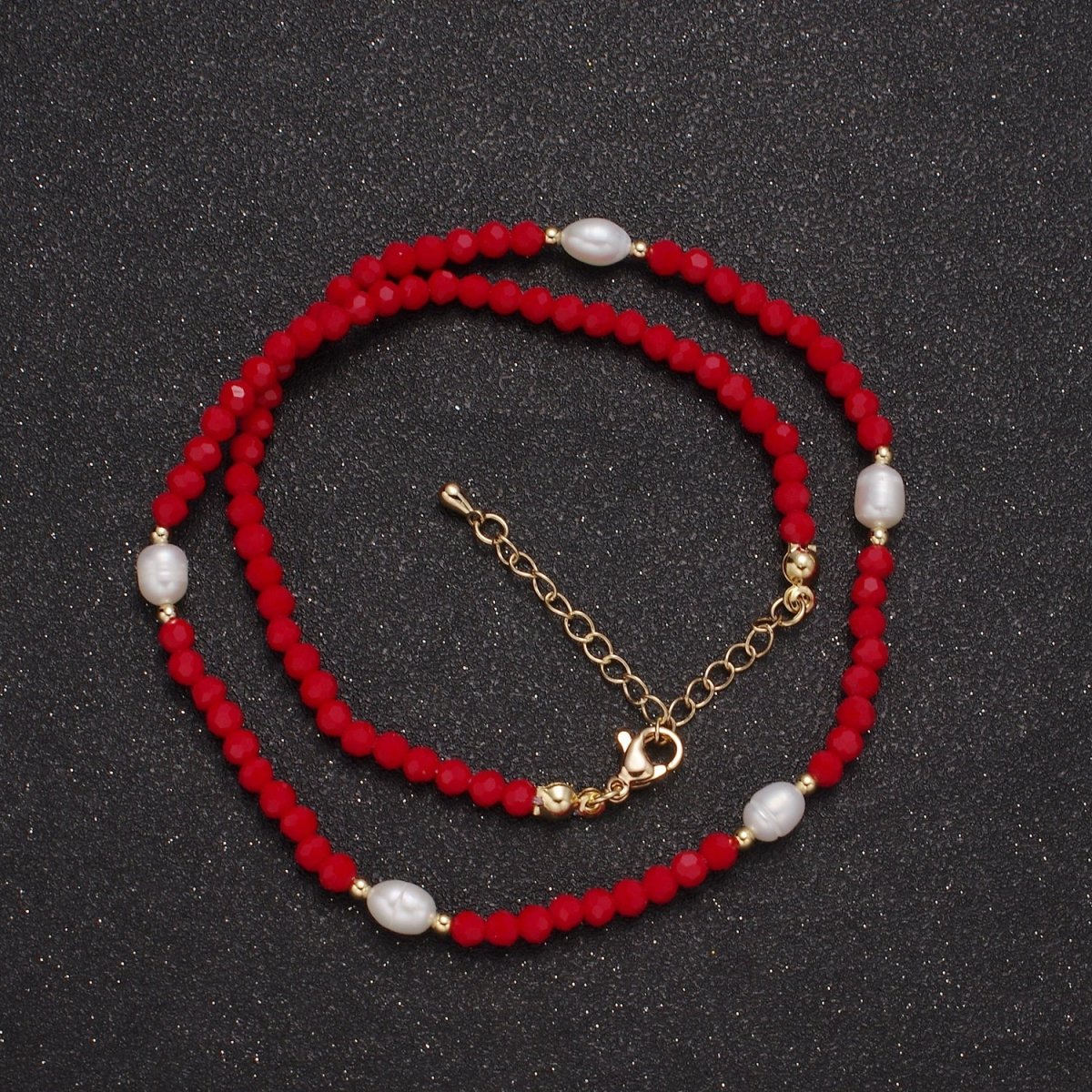 Pearl with Red Glass Beaded Necklace, Red Faceted Rondell Beads Necklace | WA-590 Clearance Pricing