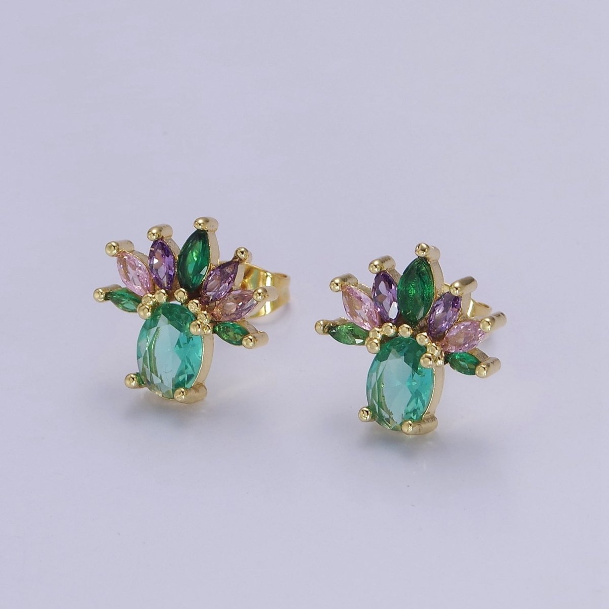 Pineapple Stud  Earrings Oval Marquise Cubic Zirconia Women Mint Aqua Green CZ V-114