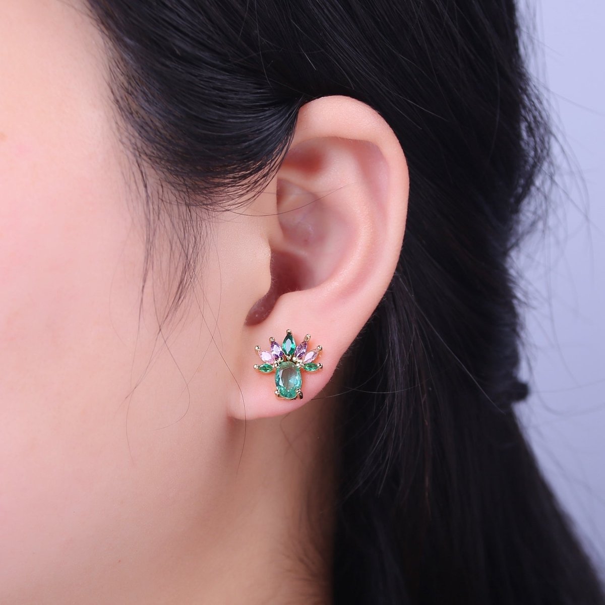 Pineapple Stud  Earrings Oval Marquise Cubic Zirconia Women Mint Aqua Green CZ V-114