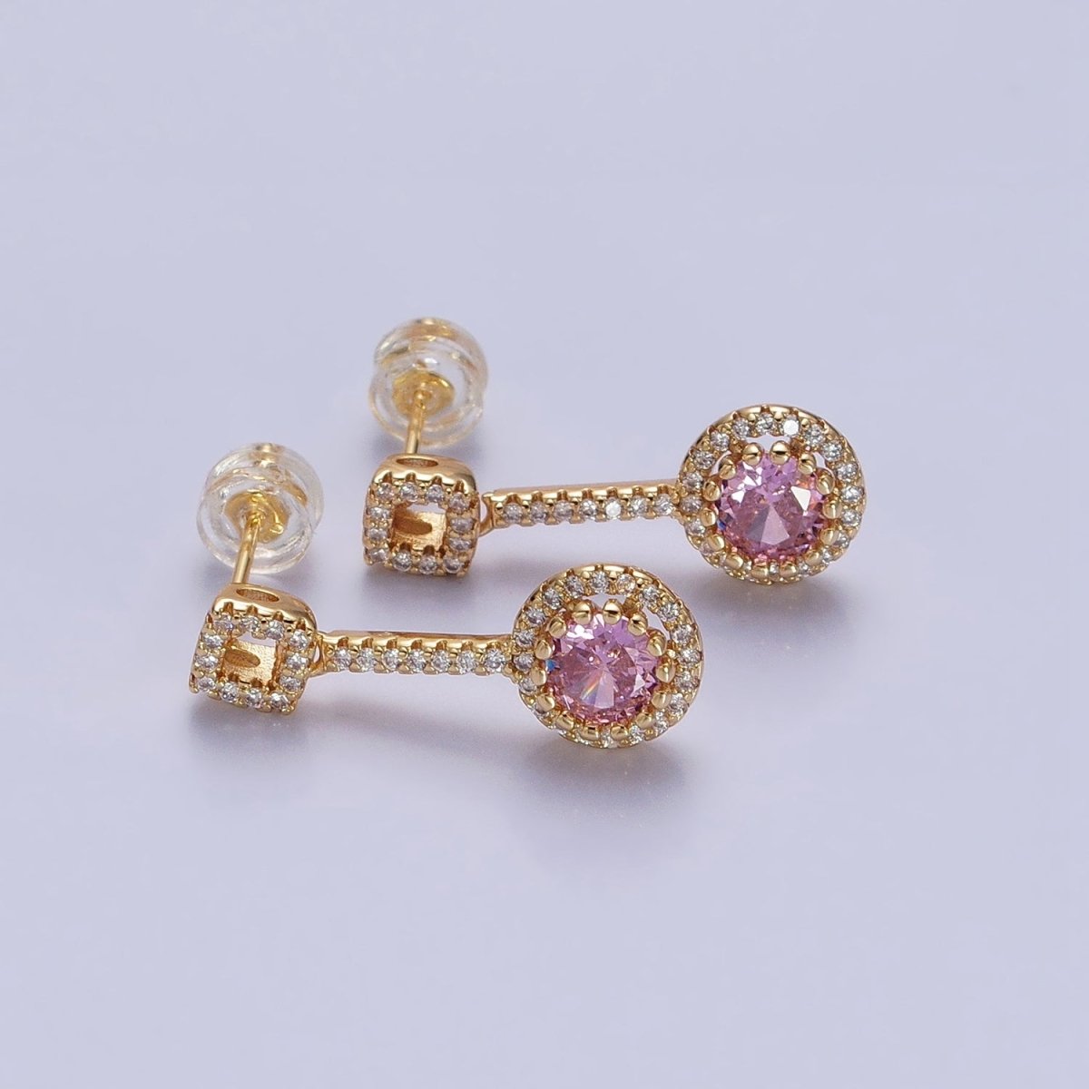 Pink, Clear, Green, Purple, Blue, Fuchsia Round Micro Paved CZ Linear Drop Stud Earrings in Gold & Silver | AB837 - AB848