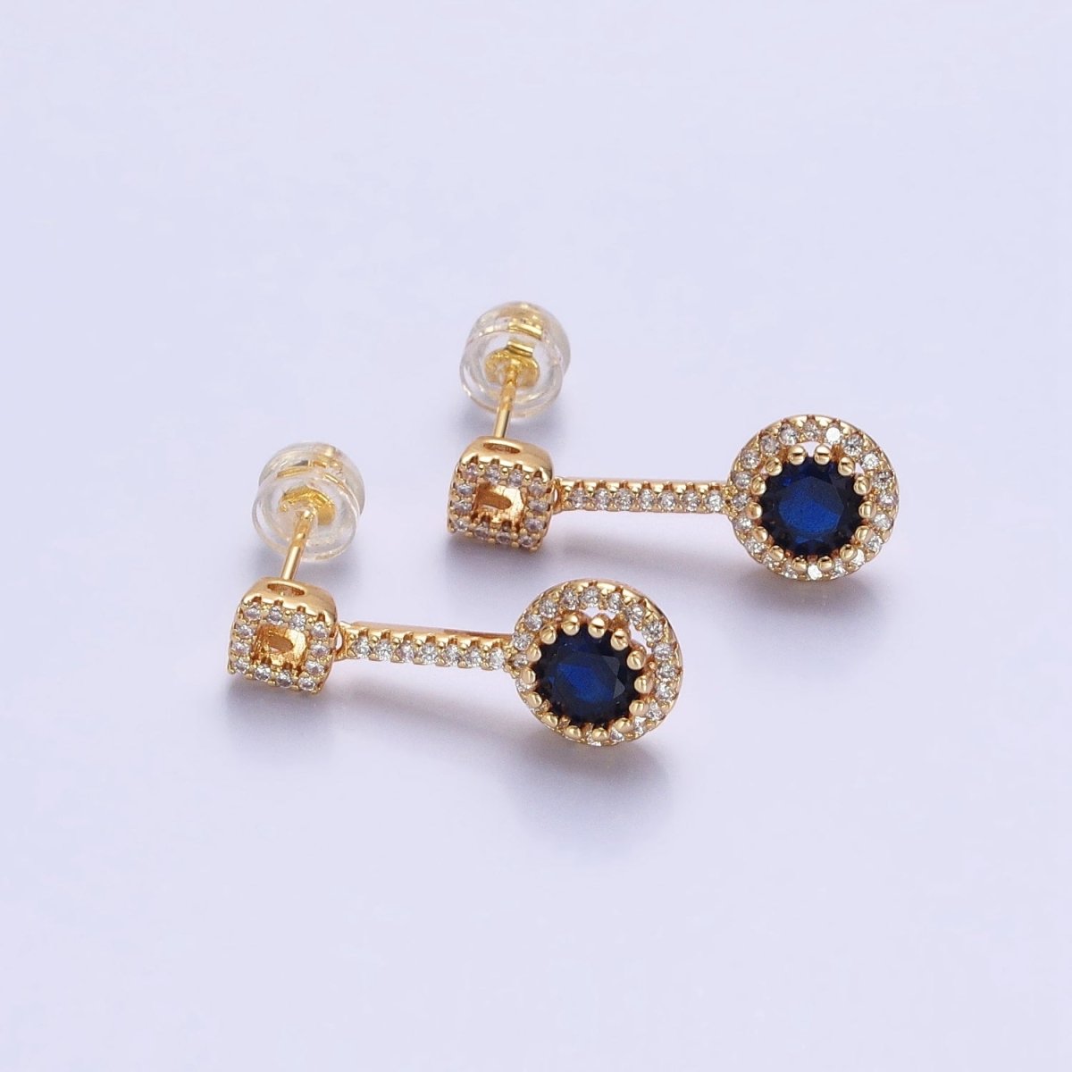 Pink, Clear, Green, Purple, Blue, Fuchsia Round Micro Paved CZ Linear Drop Stud Earrings in Gold & Silver | AB837 - AB848
