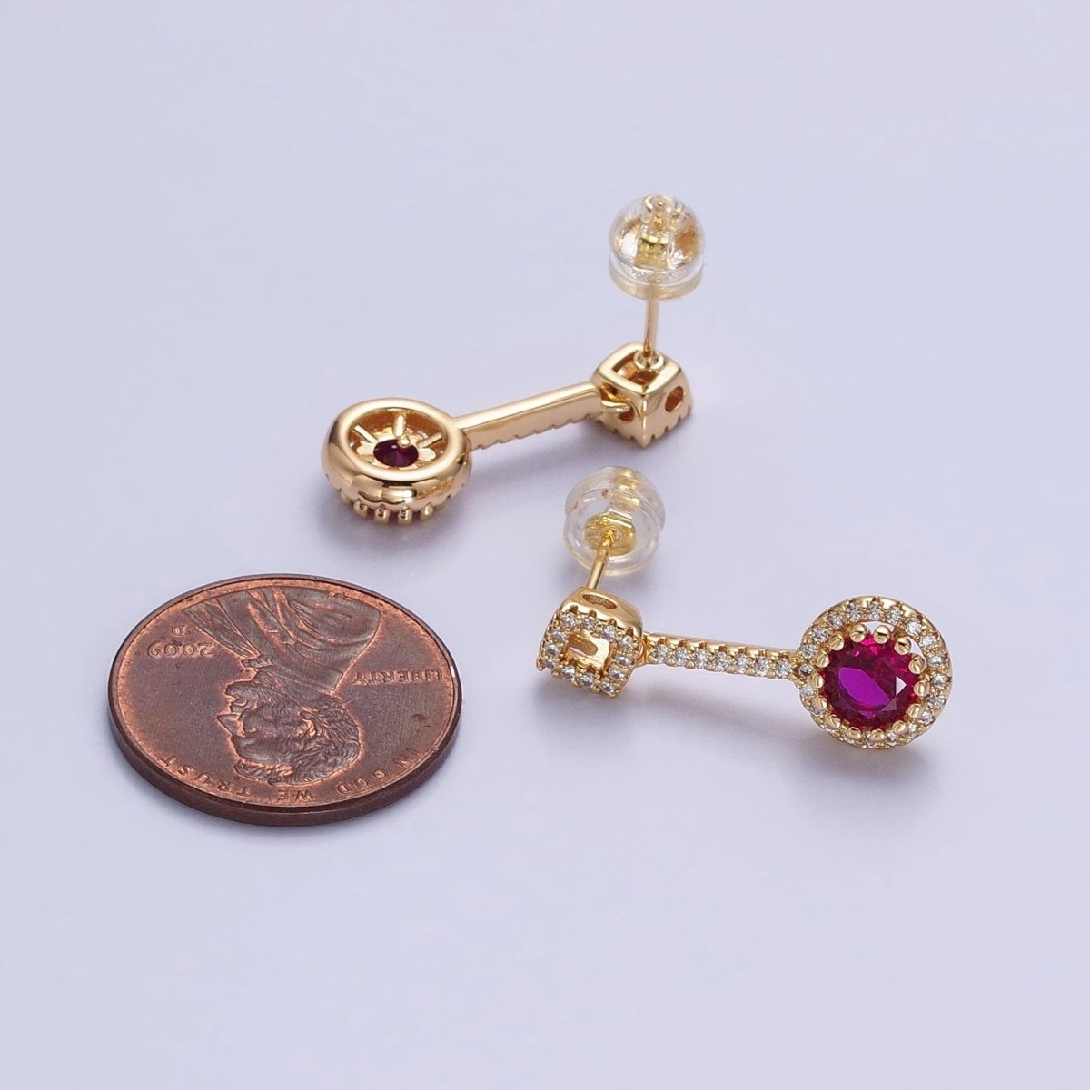 Pink, Clear, Green, Purple, Blue, Fuchsia Round Micro Paved CZ Linear Drop Stud Earrings in Gold & Silver | AB837 - AB848