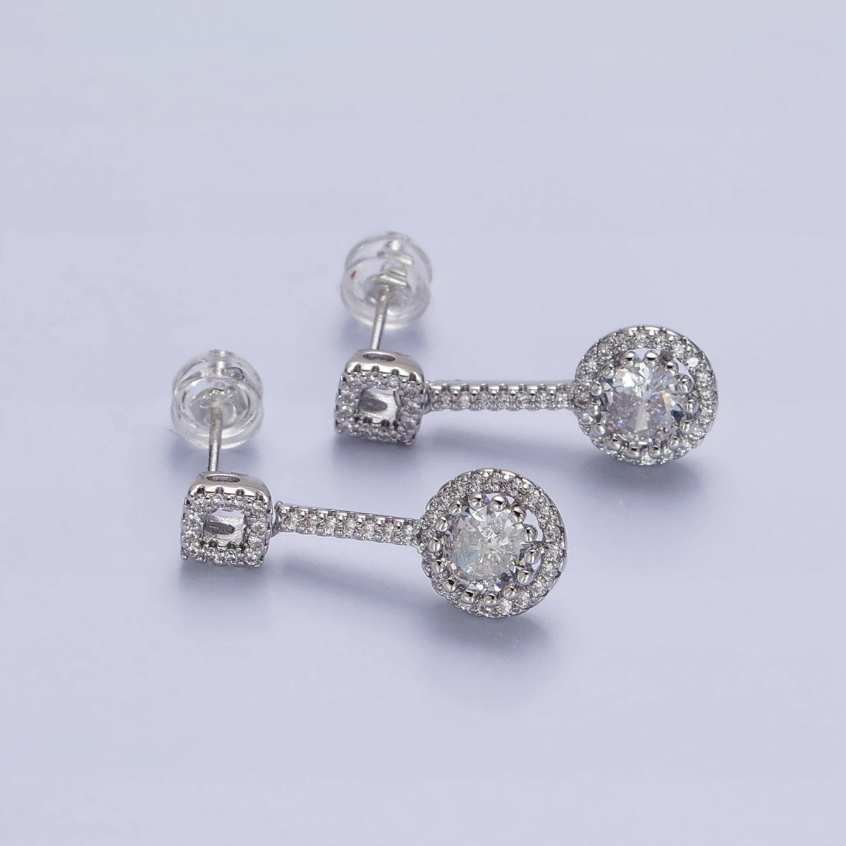 Pink, Clear, Green, Purple, Blue, Fuchsia Round Micro Paved CZ Linear Drop Stud Earrings in Gold & Silver | AB837 - AB848