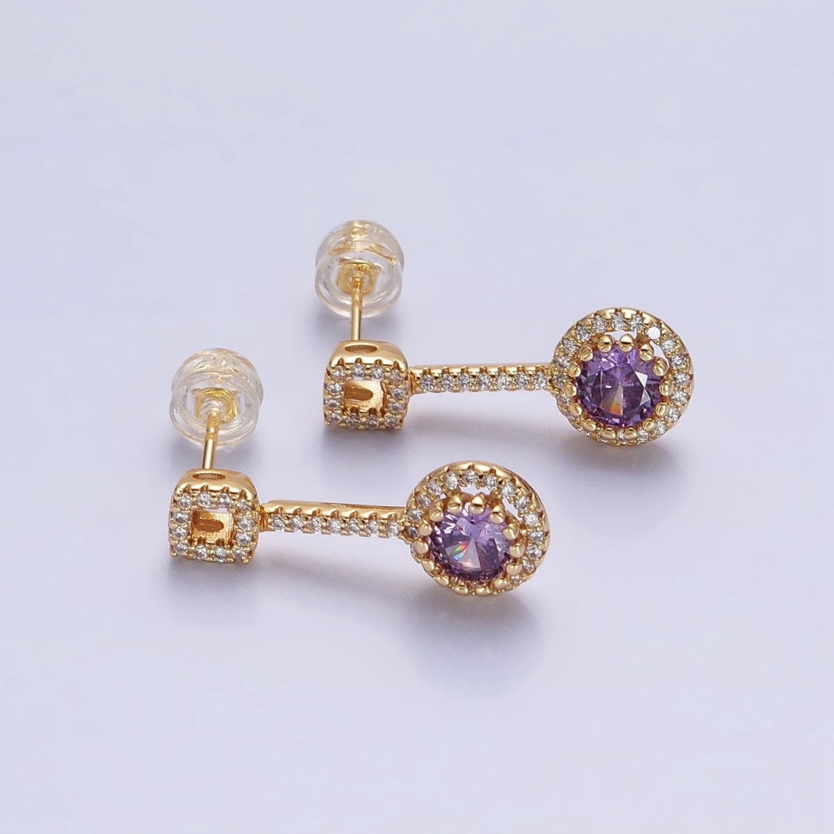 Pink, Clear, Green, Purple, Blue, Fuchsia Round Micro Paved CZ Linear Drop Stud Earrings in Gold & Silver | AB837 - AB848