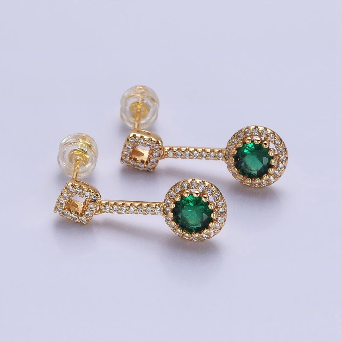 Pink, Clear, Green, Purple, Blue, Fuchsia Round Micro Paved CZ Linear Drop Stud Earrings in Gold & Silver | AB837 - AB848