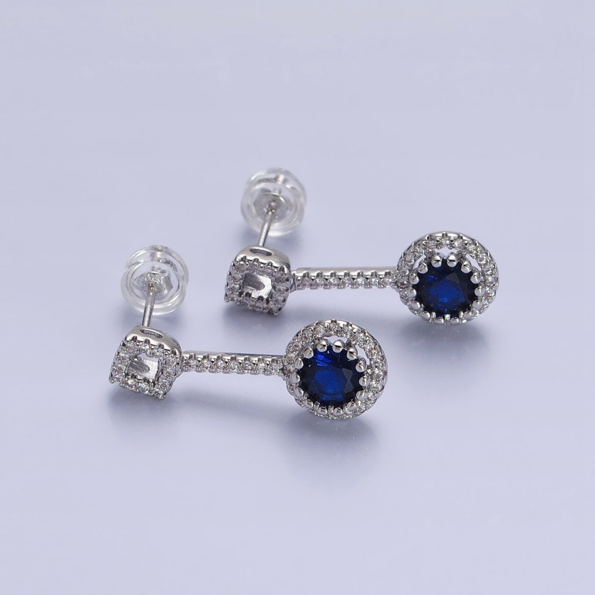 Pink, Clear, Green, Purple, Blue, Fuchsia Round Micro Paved CZ Linear Drop Stud Earrings in Gold & Silver | AB837 - AB848