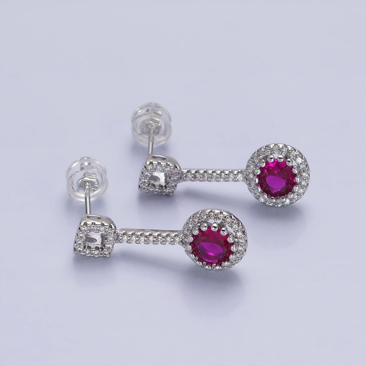 Pink, Clear, Green, Purple, Blue, Fuchsia Round Micro Paved CZ Linear Drop Stud Earrings in Gold & Silver | AB837 - AB848