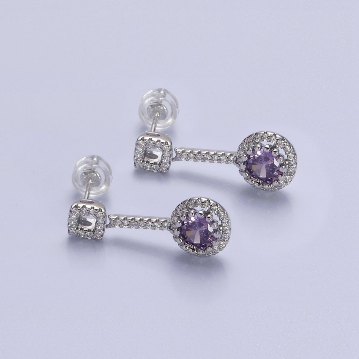 Pink, Clear, Green, Purple, Blue, Fuchsia Round Micro Paved CZ Linear Drop Stud Earrings in Gold & Silver | AB837 - AB848