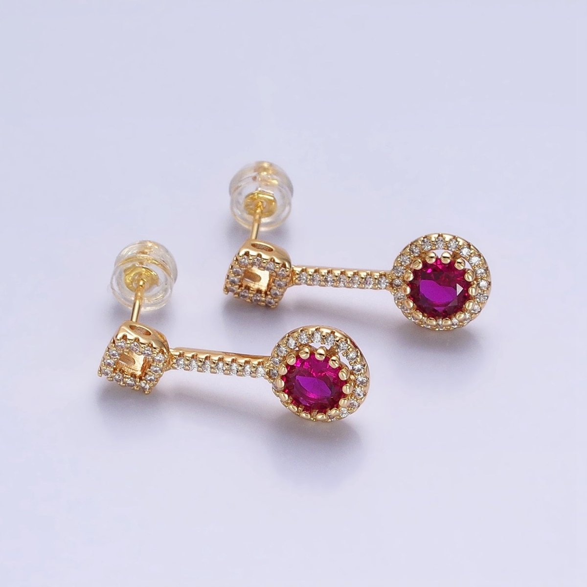 Pink, Clear, Green, Purple, Blue, Fuchsia Round Micro Paved CZ Linear Drop Stud Earrings in Gold & Silver | AB837 - AB848