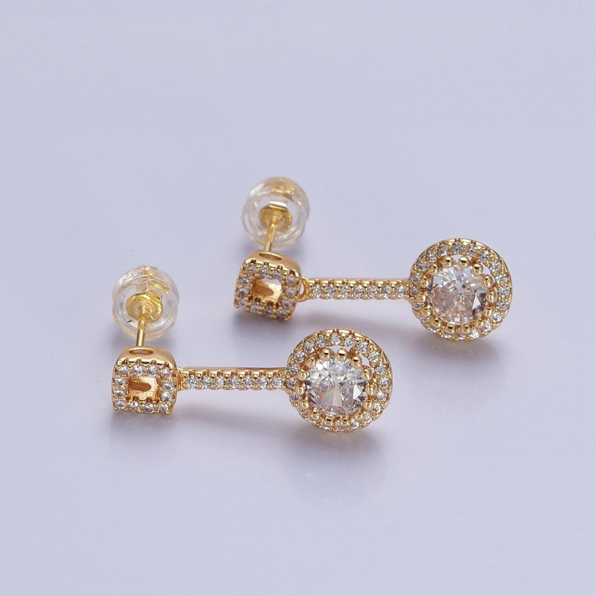 Pink, Clear, Green, Purple, Blue, Fuchsia Round Micro Paved CZ Linear Drop Stud Earrings in Gold & Silver | AB837 - AB848