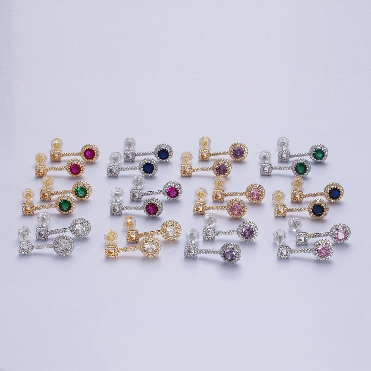 Pink, Clear, Green, Purple, Blue, Fuchsia Round Micro Paved CZ Linear Drop Stud Earrings in Gold & Silver | AB837 - AB848