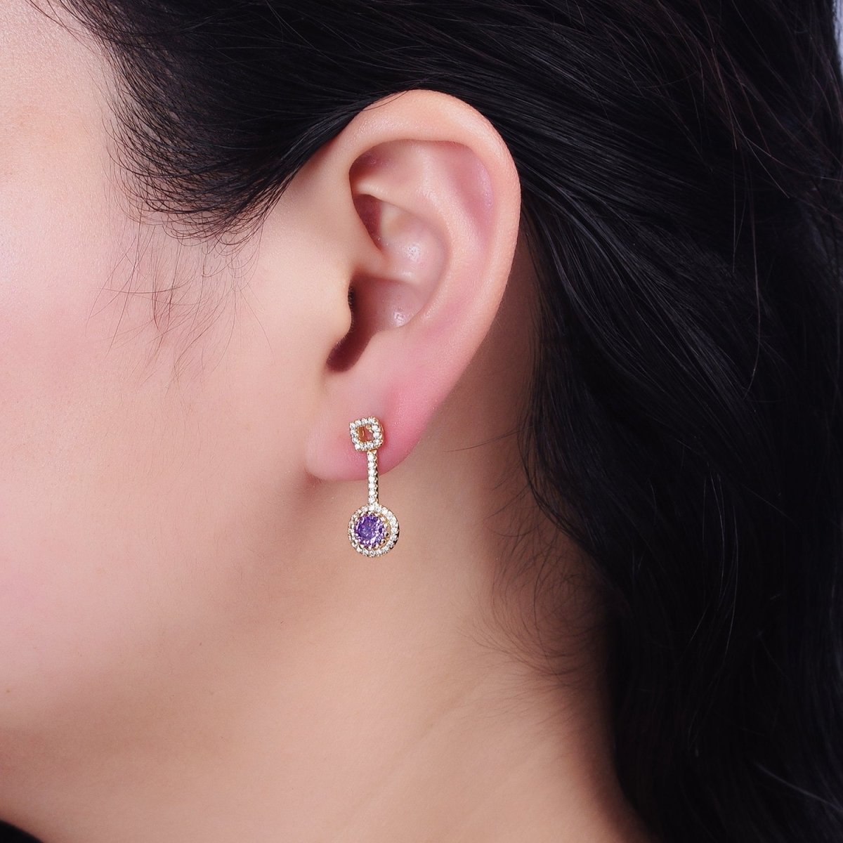 Pink, Clear, Green, Purple, Blue, Fuchsia Round Micro Paved CZ Linear Drop Stud Earrings in Gold & Silver | AB837 - AB848
