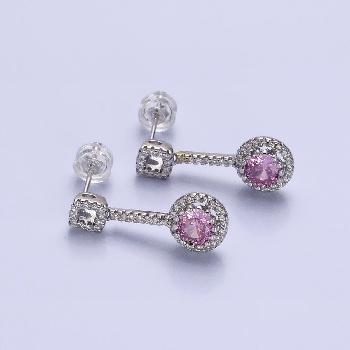 Pink, Clear, Green, Purple, Blue, Fuchsia Round Micro Paved CZ Linear Drop Stud Earrings in Gold & Silver | AB837 - AB848