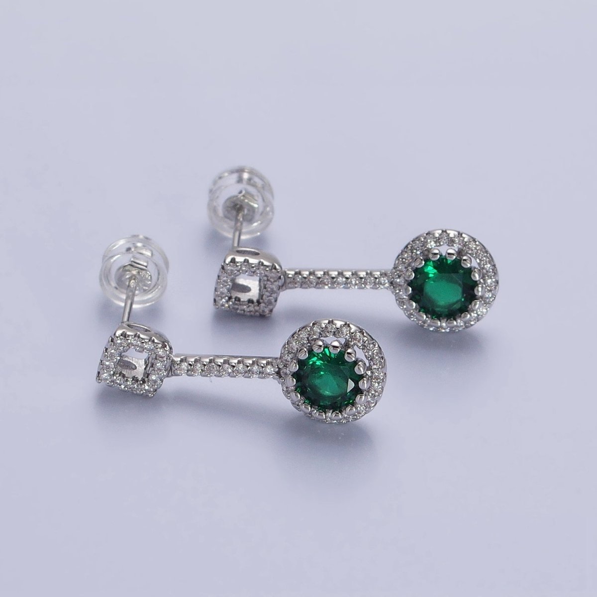 Pink, Clear, Green, Purple, Blue, Fuchsia Round Micro Paved CZ Linear Drop Stud Earrings in Gold & Silver | AB837 - AB848