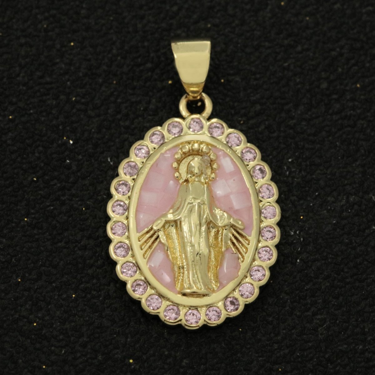 Pink miraculous Lady Charm for Necklace, Dainty Virgin Mary Pendant for Religious Jewelry Making Supply in Gold Filled N-1412