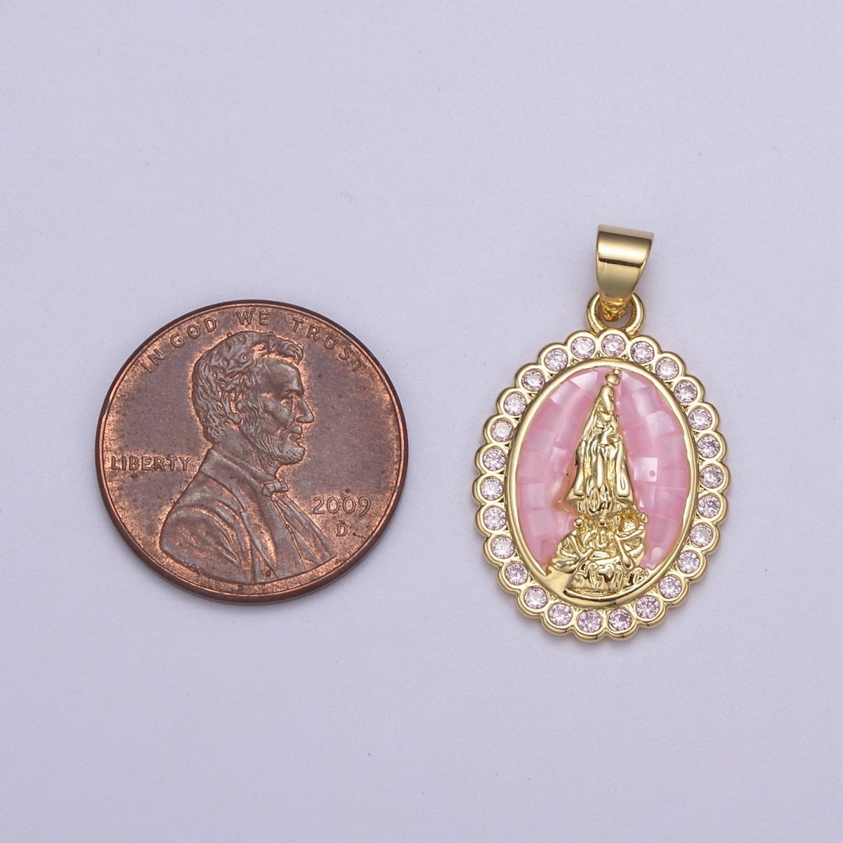 Pink Opal Miraculous Lady Charm for Necklace, Dainty Lady of Guadalupe Pendant for Religious Jewelry Making Supply in Gold Filled H-601